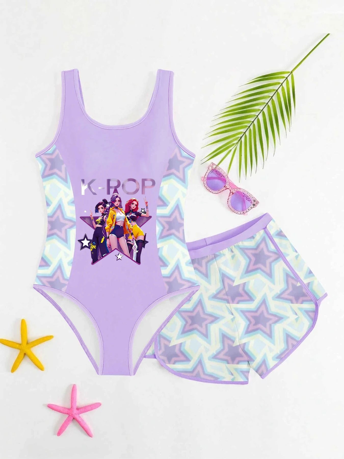 Costume da bagno due pezzi per bambine, rosa e viola con stampa cartoon, taglia 4-12 anni