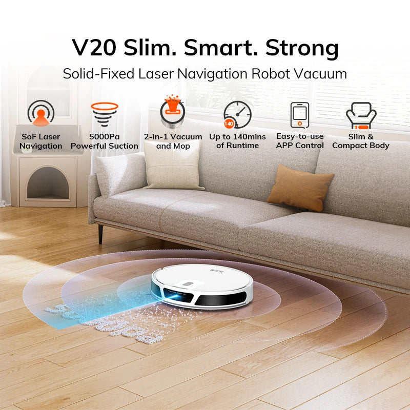 Robot aspirapolvere ILIFE V20, potenza di aspirazione 5000 Pa, navigazione intelligente SOF LiDAR, controllo tramite app, pulizia personalizzabile, ricarica automatica.