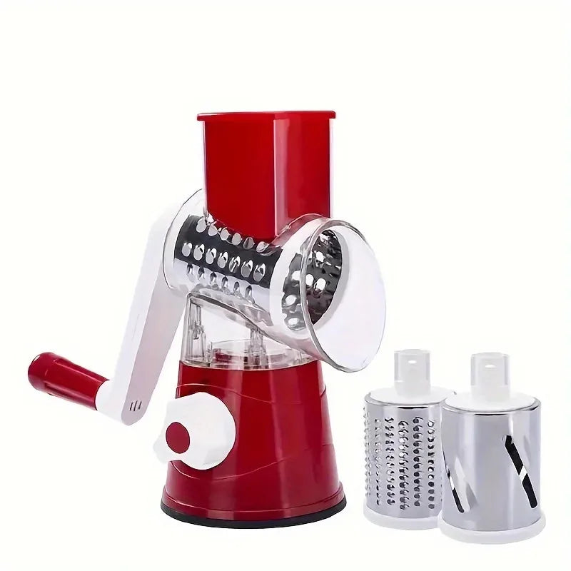 Affettatrice e grattugia da banco per frutta e verdura altamente efficiente e versatile, con design a tamburo per una grattugiatura rapida e uniforme.