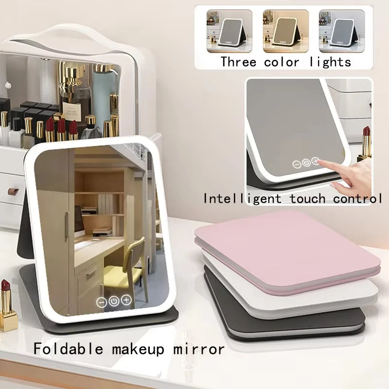 Specchio per il trucco portatile con schermo touch a LED, ricaricabile tramite USB, 3 modalità di illuminazione, pieghevole, ideale per il trucco in viaggio.