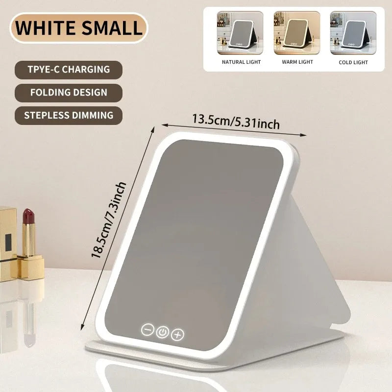 Specchio per il trucco portatile con schermo touch a LED, ricaricabile tramite USB, 3 modalità di illuminazione, pieghevole, ideale per il trucco in viaggio.