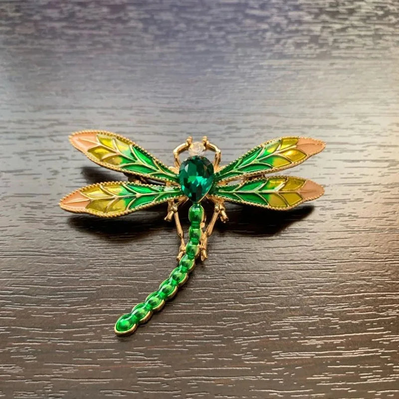 Spille a forma di libellula in smalto di cristallo verde per donne e uomini Insetti in metallo Matrimoni Banchetto Spilla per feste Regali