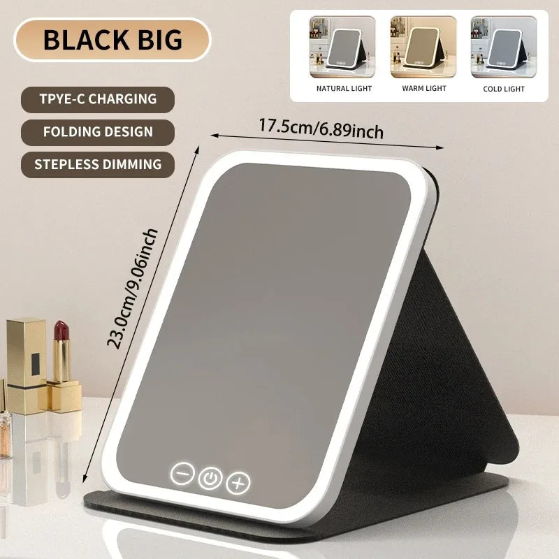 Specchio per il trucco portatile con schermo touch a LED, ricaricabile tramite USB, 3 modalità di illuminazione, pieghevole, ideale per il trucco in viaggio.