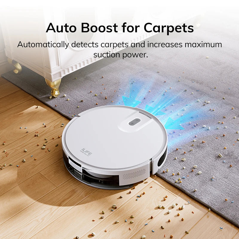 Robot aspirapolvere ILIFE V20, potenza di aspirazione 5000 Pa, navigazione intelligente SOF LiDAR, controllo tramite app, pulizia personalizzabile, ricarica automatica.