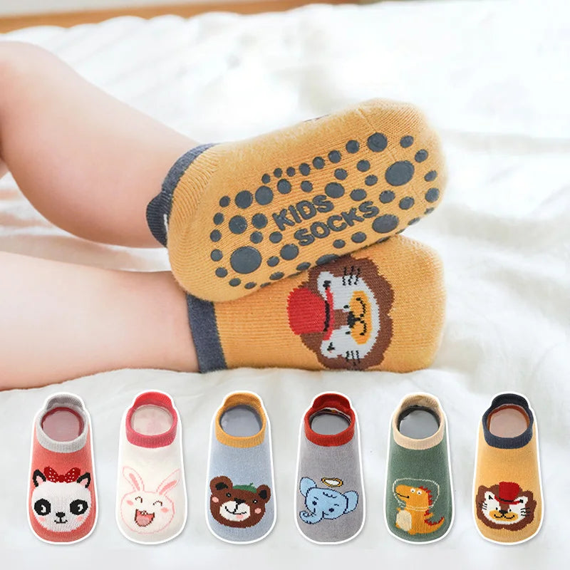 6 paia di calzini per bambini in cotone traspiranti antiscivolo,con simpatici disegni di animali dei cartoni animati.