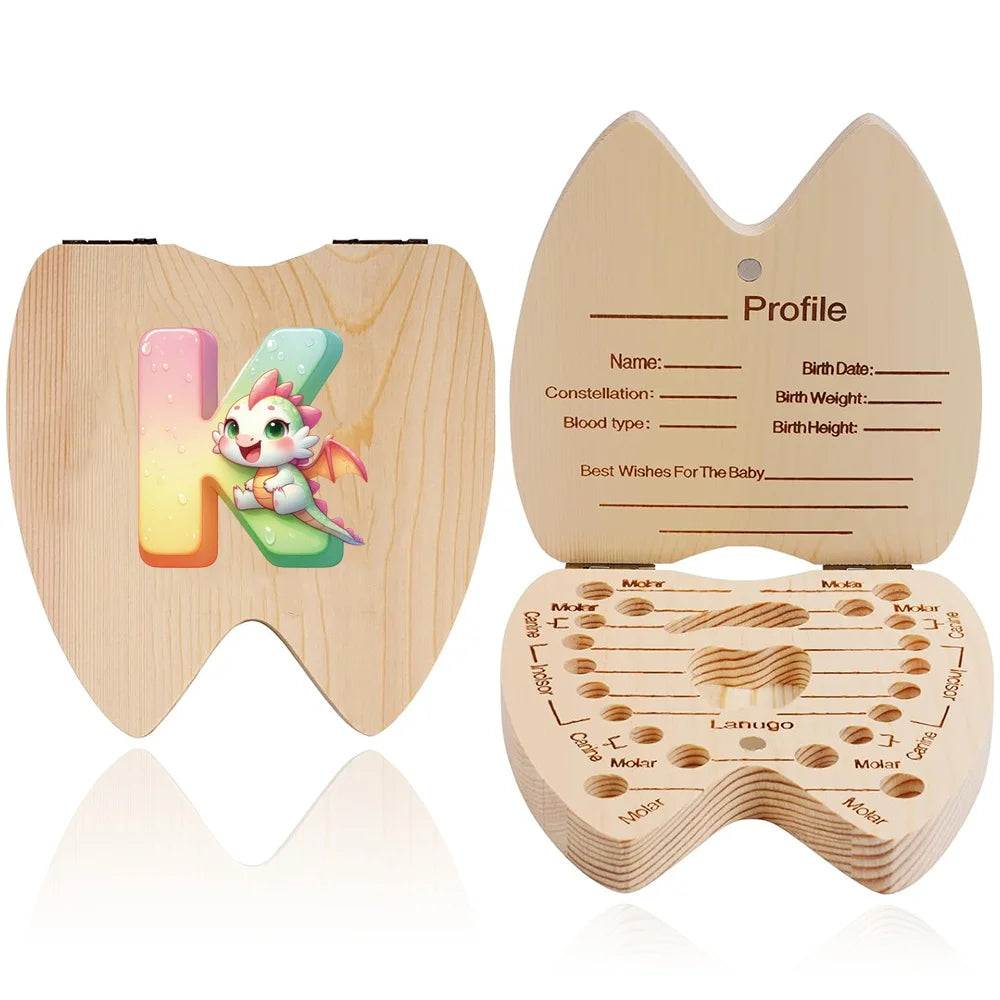 Scatola ricordo per denti da latte in legno – 26 lettere con animali dei cartoni, idea regalo bambini