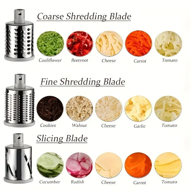 Affettatrice e grattugia da banco per frutta e verdura altamente efficiente e versatile, con design a tamburo per una grattugiatura rapida e uniforme.