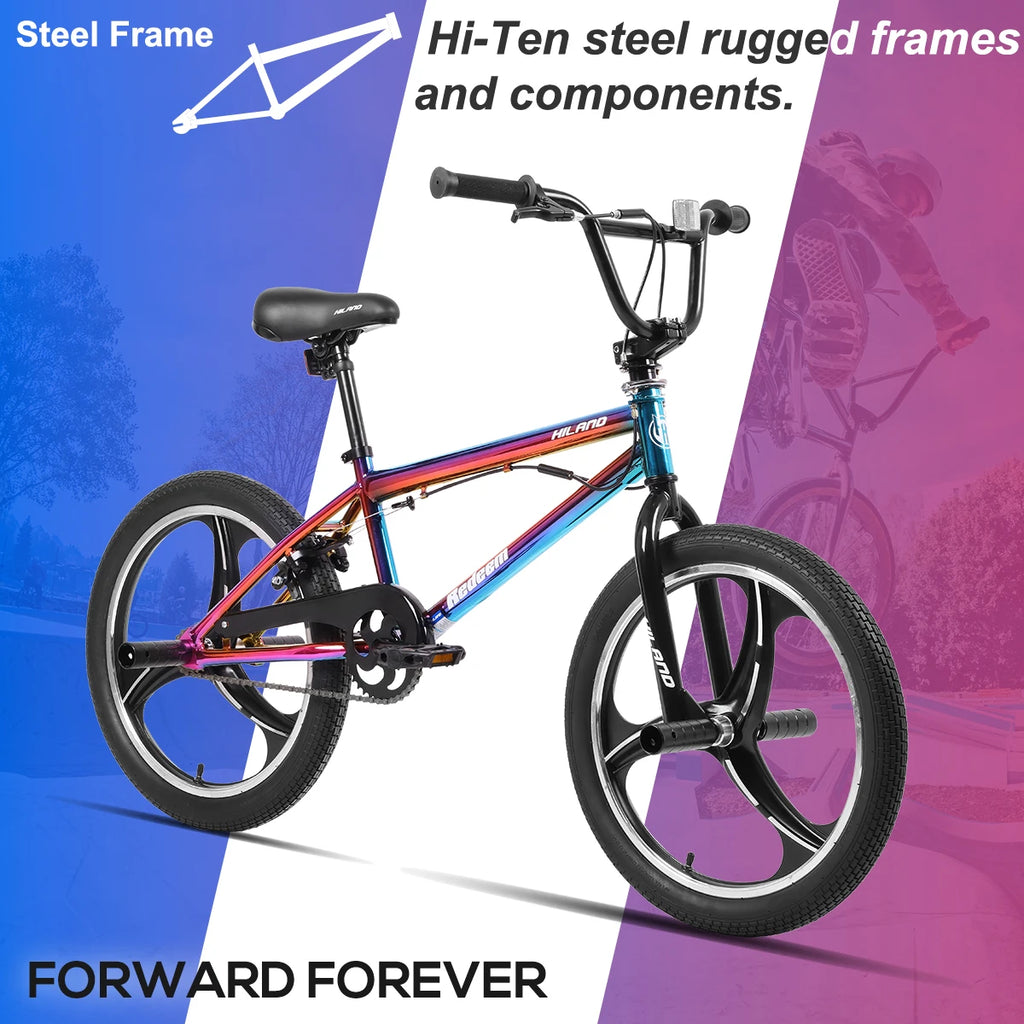 Hiland 20 Inch 3 Spoke Kids BMX Bike for Boys Girls Ages 5-12, 360 Degree Rotor Freestyle, 4 Pegs Single Speed Kid’s BMX Bike