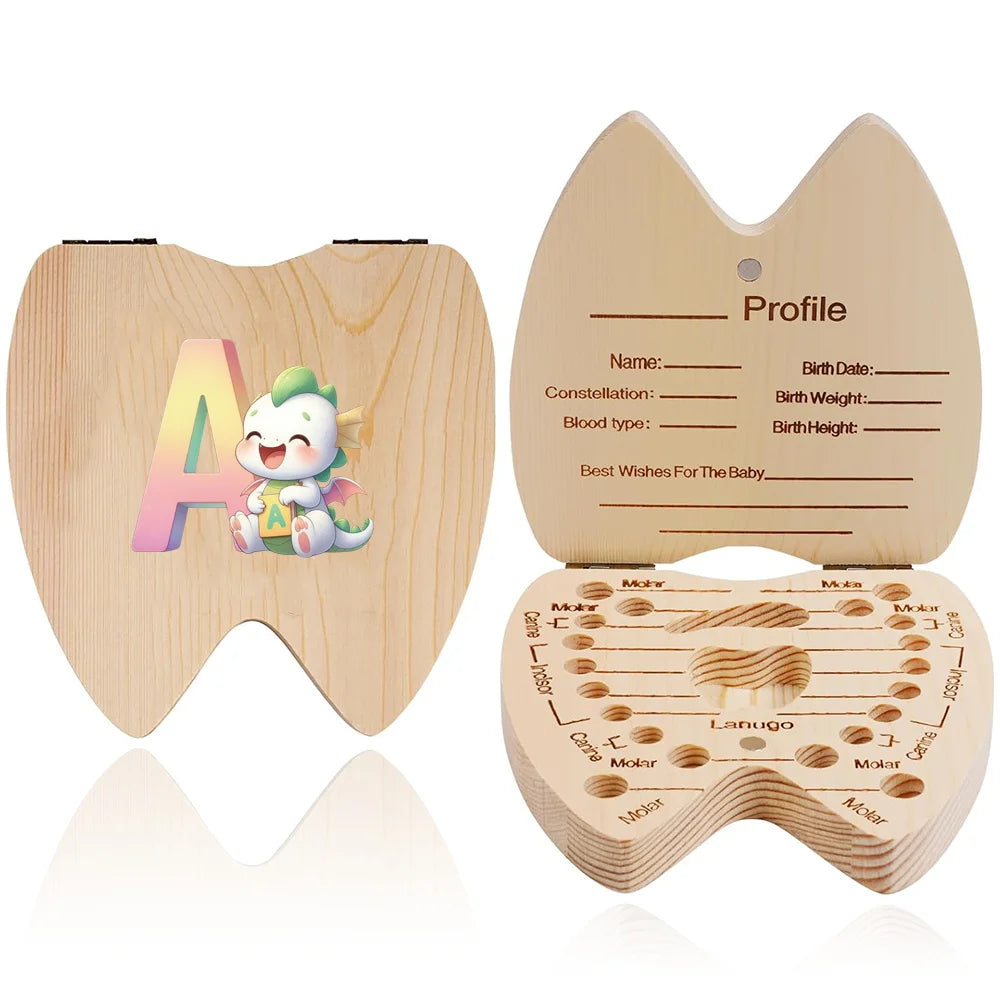 Scatola ricordo per denti da latte in legno – 26 lettere con animali dei cartoni, idea regalo bambini