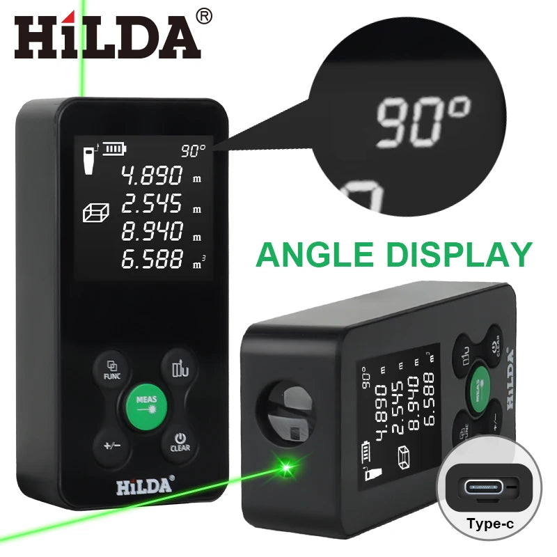 Telemetro laser HILDA 50/100/120M con luce laser rossa/verde, misurazione digitale della distanza, ricaricabile e misurabile, misurazione dell'angolo tramite laser.