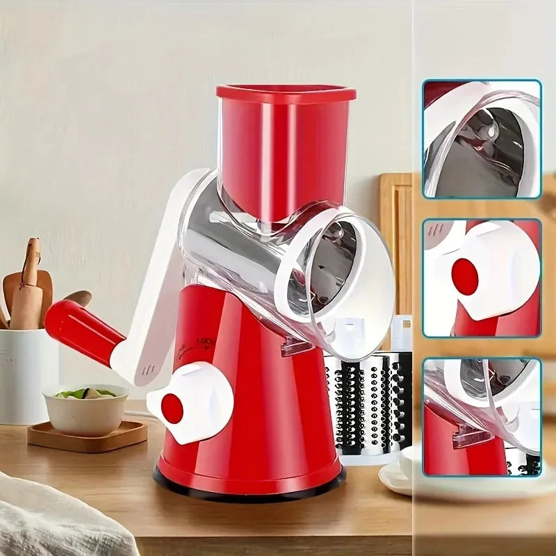 Affettatrice e grattugia da banco per frutta e verdura altamente efficiente e versatile, con design a tamburo per una grattugiatura rapida e uniforme.
