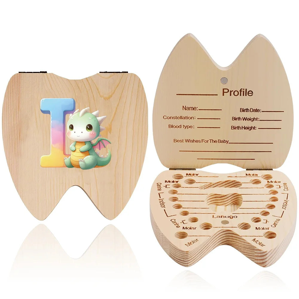 Scatola ricordo per denti da latte in legno – 26 lettere con animali dei cartoni, idea regalo bambini