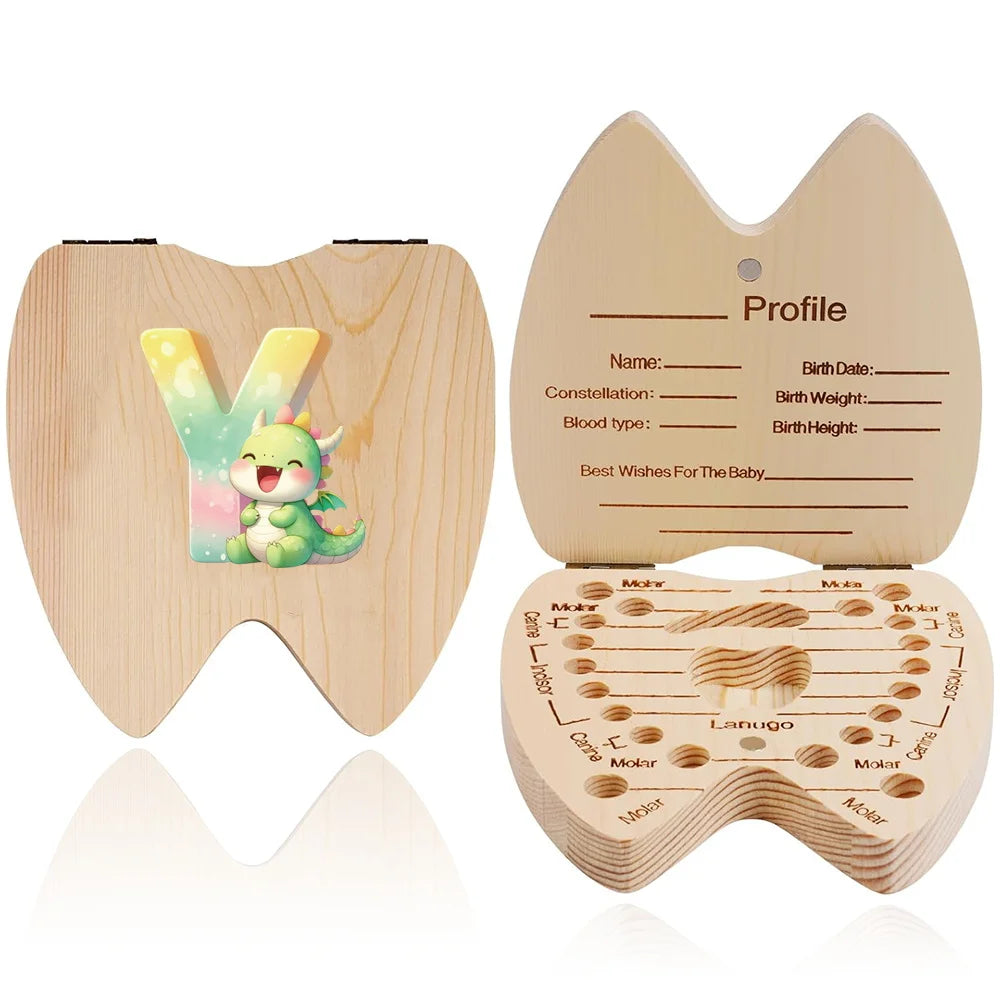 Scatola ricordo per denti da latte in legno – 26 lettere con animali dei cartoni, idea regalo bambini