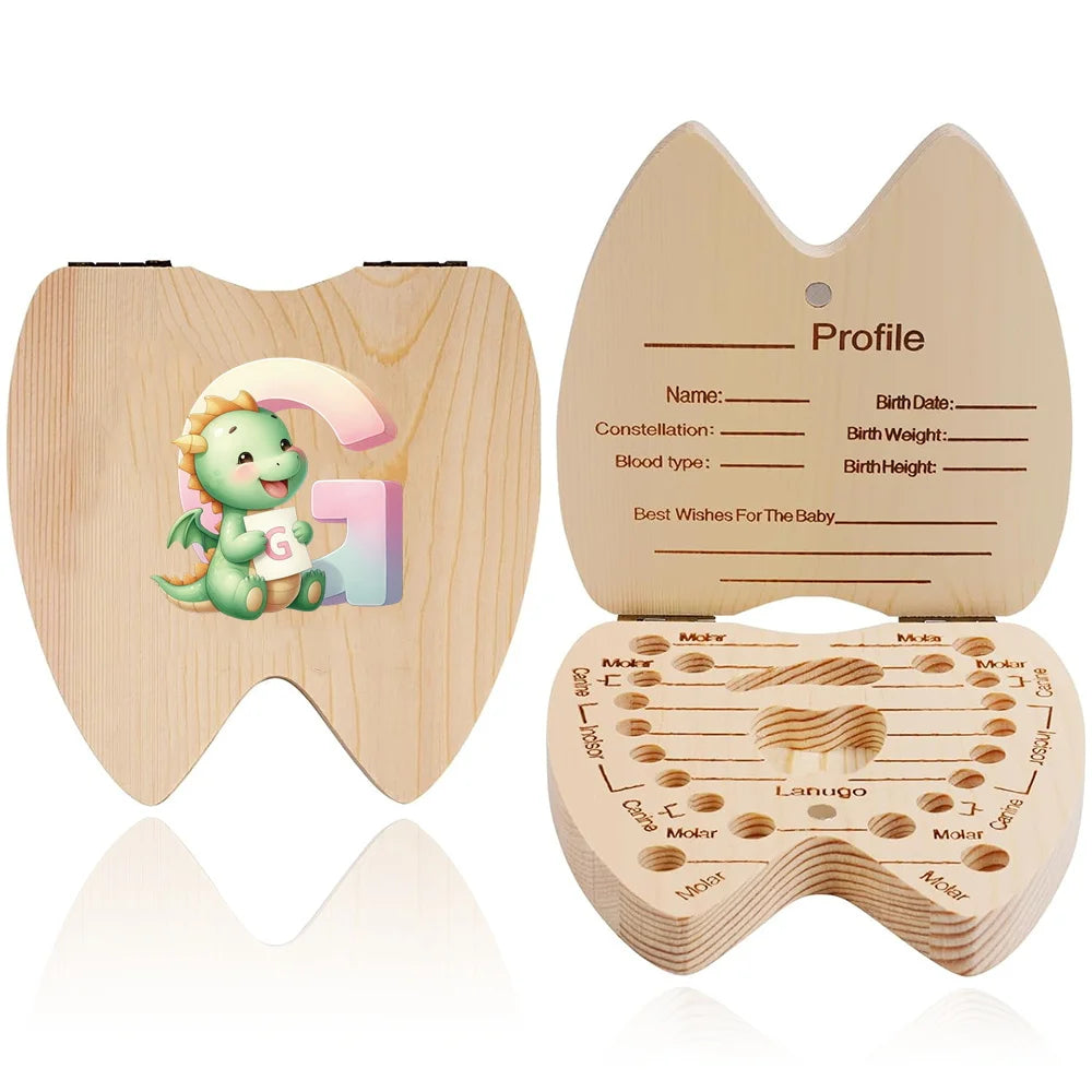 Scatola ricordo per denti da latte in legno – 26 lettere con animali dei cartoni, idea regalo bambini