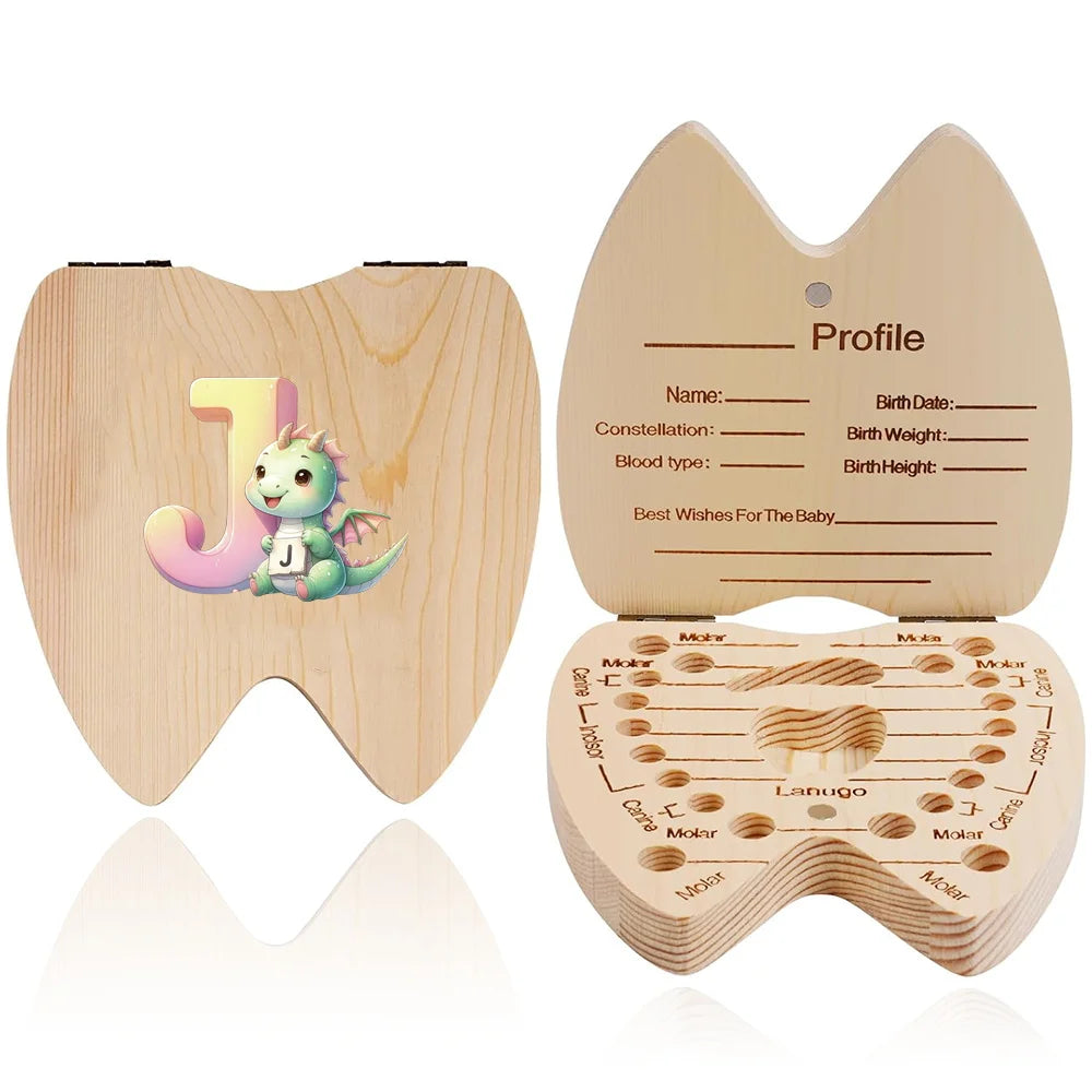 Scatola ricordo per denti da latte in legno – 26 lettere con animali dei cartoni, idea regalo bambini