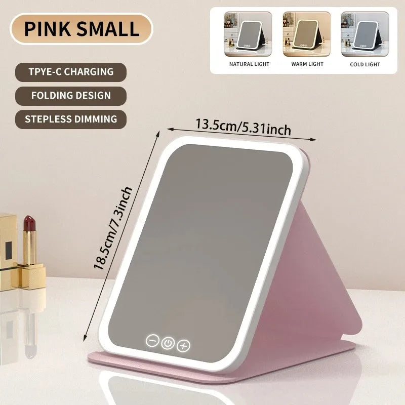 Specchio per il trucco portatile con schermo touch a LED, ricaricabile tramite USB, 3 modalità di illuminazione, pieghevole, ideale per il trucco in viaggio.