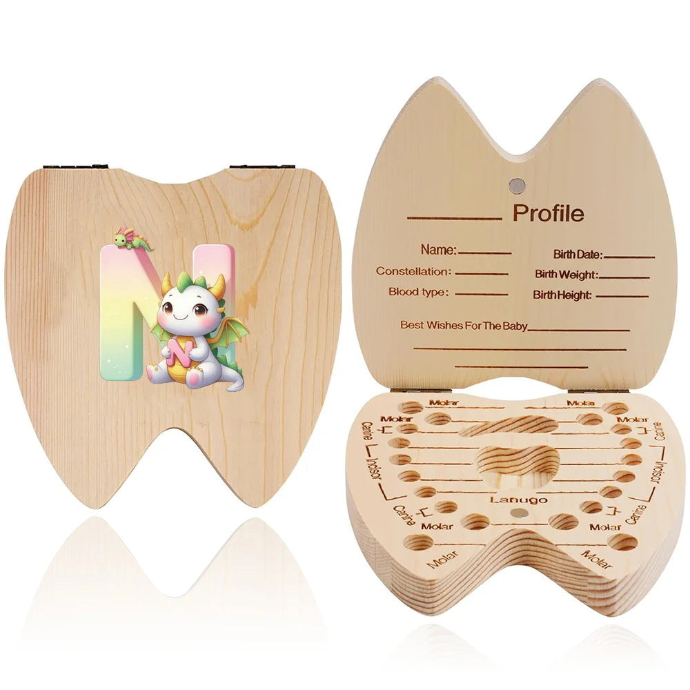 Scatola ricordo per denti da latte in legno – 26 lettere con animali dei cartoni, idea regalo bambini