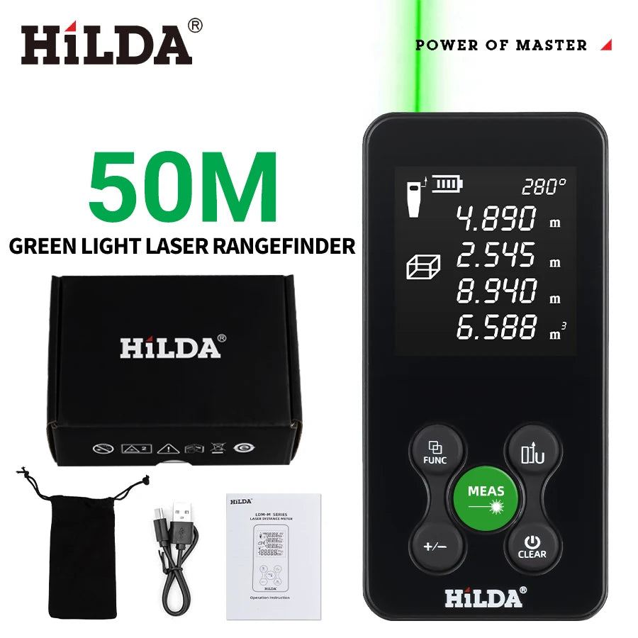 Telemetro laser HILDA 50/100/120M con luce laser rossa/verde, misurazione digitale della distanza, ricaricabile e misurabile, misurazione dell'angolo tramite laser.