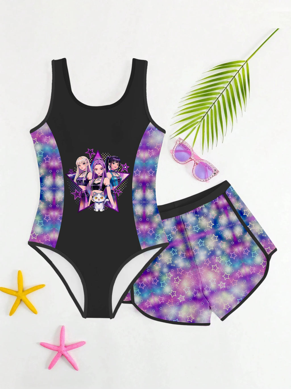 Costume da bagno due pezzi per bambine, rosa e viola con stampa cartoon, taglia 4-12 anni