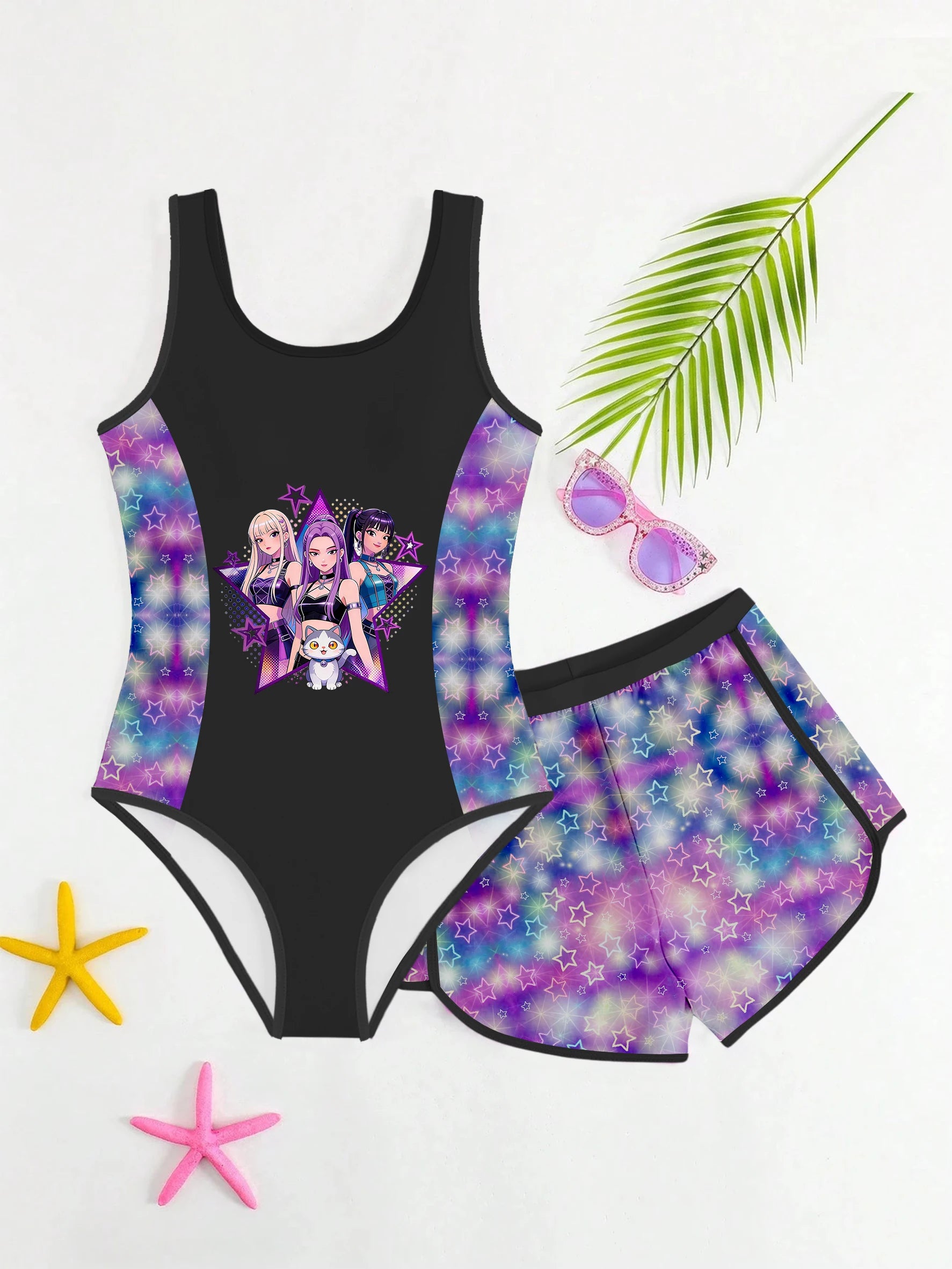 Costume da bagno due pezzi per bambine, rosa e viola con stampa cartoon, taglia 4-12 anni