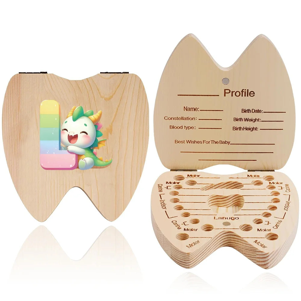 Scatola ricordo per denti da latte in legno – 26 lettere con animali dei cartoni, idea regalo bambini