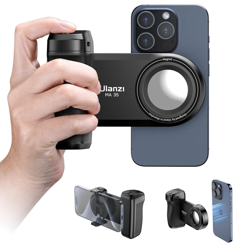 Ulanzi MA35 MagSafe Impugnatura per fotocamera smartphone con Bluetooth, stabilizzatore per selfie, ideale per scatti verticali e orizzontali.