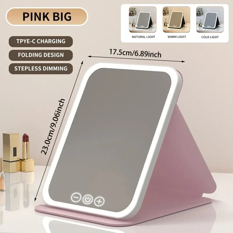 Specchio per il trucco portatile con schermo touch a LED, ricaricabile tramite USB, 3 modalità di illuminazione, pieghevole, ideale per il trucco in viaggio.