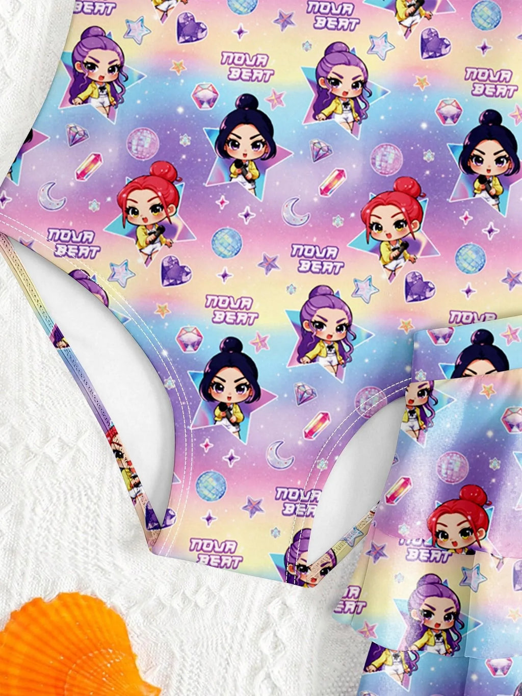 Costume da bagno 2-in-1 per bambine con stampa cartoon e gonna, taglie 4-12 anni