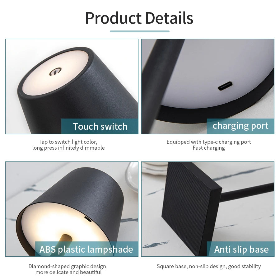 Lampada da tavolo a LED ricaricabile con interruttore touch e 3 livelli di intensità luminosa, ideale per bar, club, cene e come illuminazione d'ambiente creativa e decorativa.