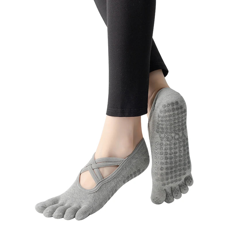 Nuovi calzini antiscivolo da donna per pilates, cinque dita in silicone antiscivolo, calzini da yoga, bendaggio, danza classica, fitness, sport, calzini in cotone da donna