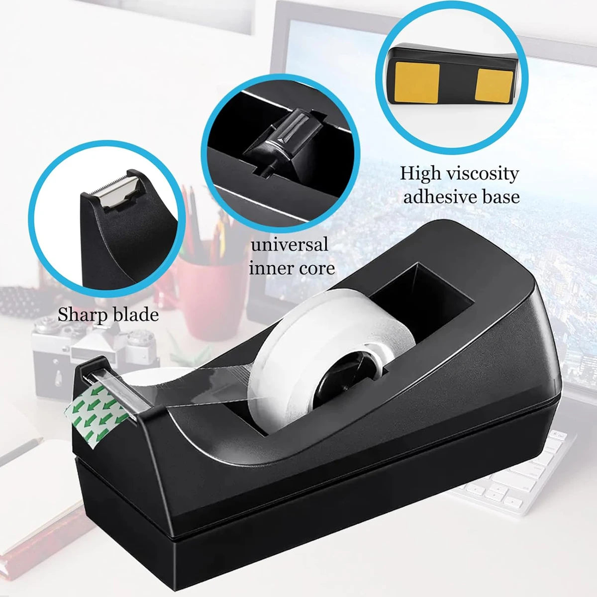 1 pz, nero, dispenser di nastro adesivo da tavolo con base antiscivolo, ricarica di nastro per dispenser, dispenser
