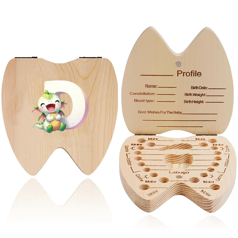 Scatola ricordo per denti da latte in legno – 26 lettere con animali dei cartoni, idea regalo bambini