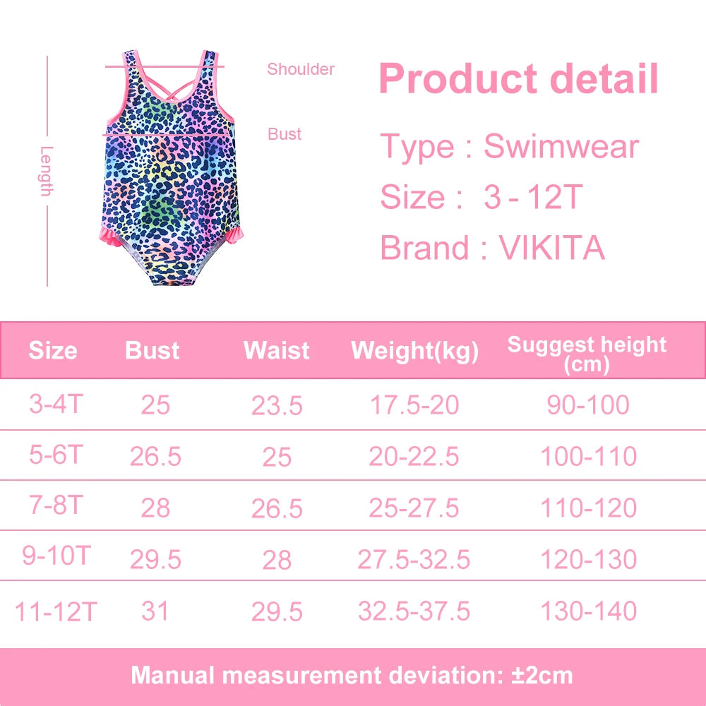 VIKITA Costumi da bagno per bambine, costume intero con stampa leopardata e cartoni animati, abbigliamento da spiaggia estivo colorato per bambini