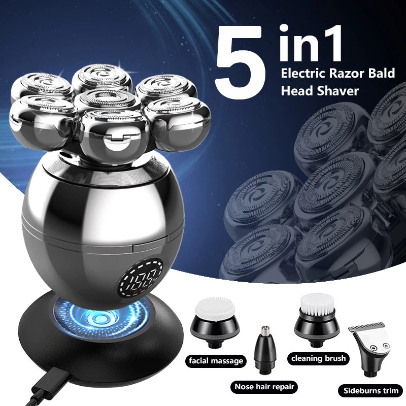 Rasoio elettrico 7D con testina flottante, base di ricarica, rifinitore portatile per barba da uomo, tagliacapelli ricaricabile per testa rasata.