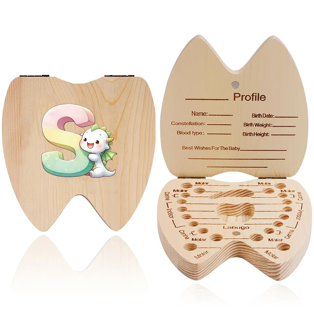 Scatola ricordo per denti da latte in legno – 26 lettere con animali dei cartoni, idea regalo bambini