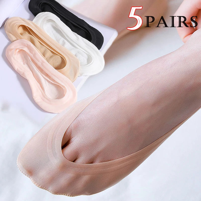 5 paia di calzini invisibili antiscivolo, pantofole, calzini da barca senza cuciture in seta ghiaccio, calzini estivi sottili, tinta unita, casual, traspiranti, a taglio basso da donna