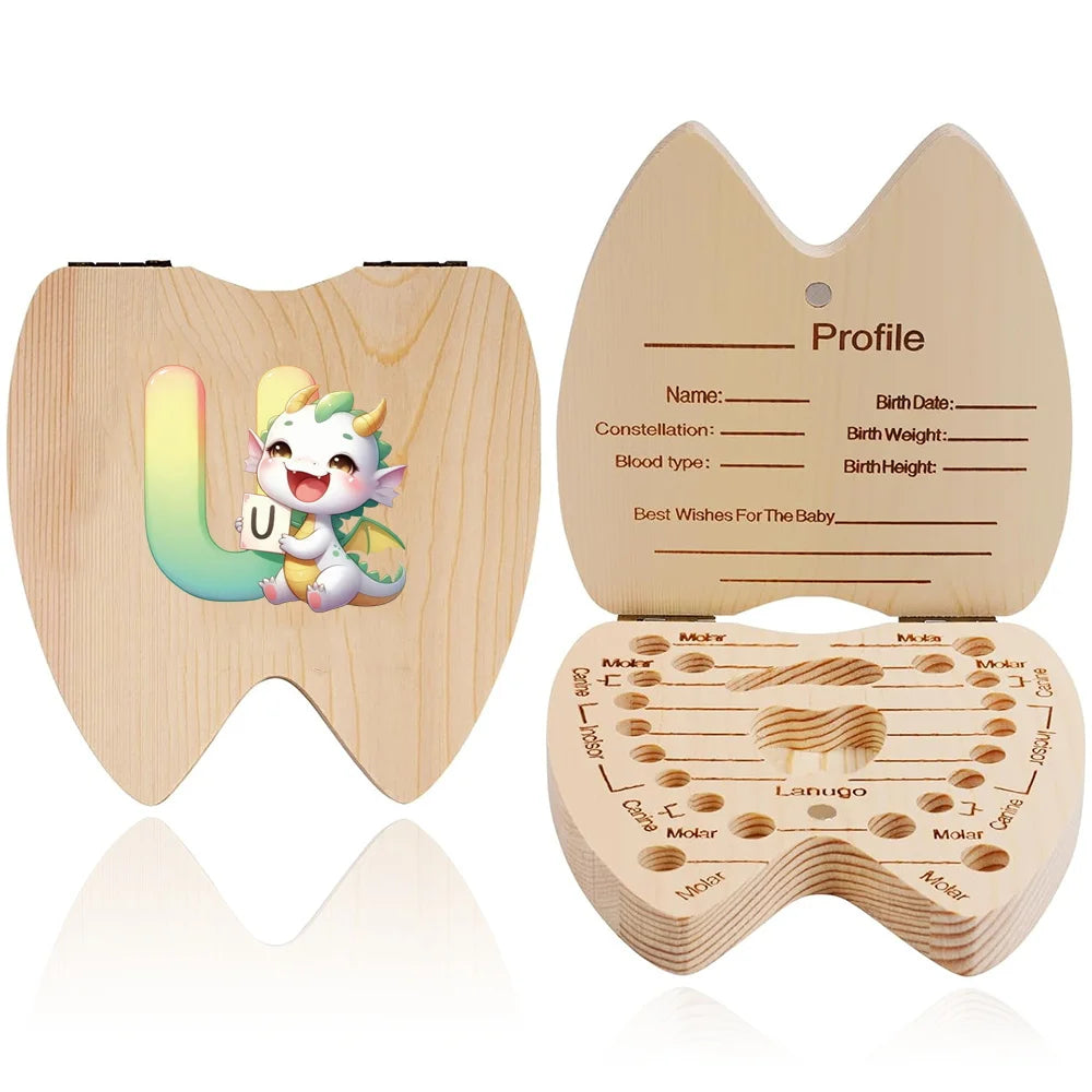 Scatola ricordo per denti da latte in legno – 26 lettere con animali dei cartoni, idea regalo bambini